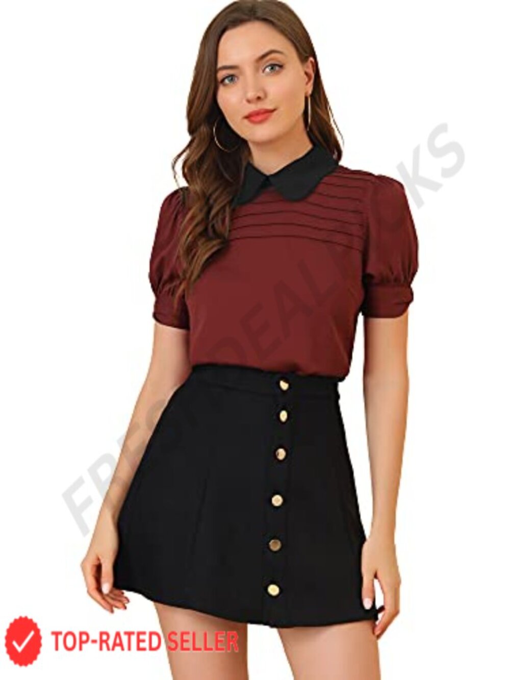 Vintage Peter Pan Collar Puff Sleeve Blouse Pleated Button Back